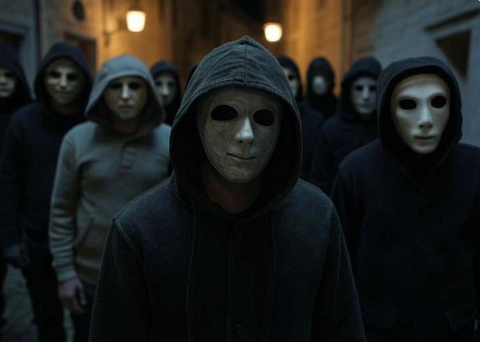 Masked figures in dark alley