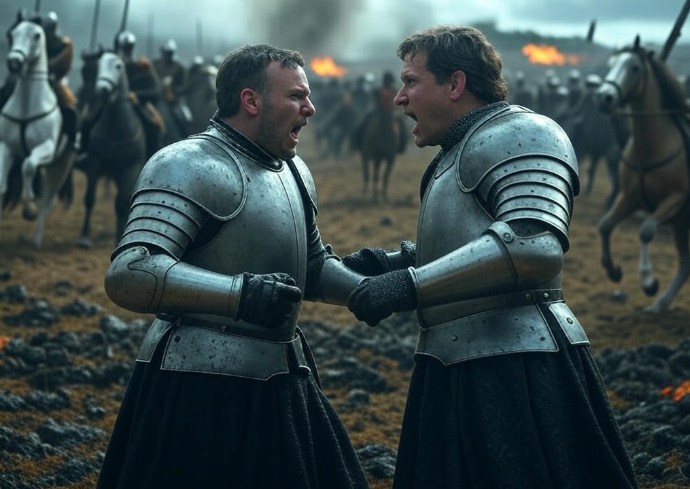 Knights arguing on battlefield