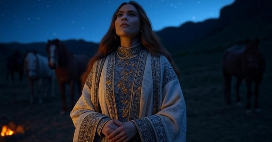 Woman stands near campfire