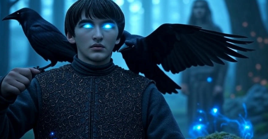 Mystical boy with glowing ravens