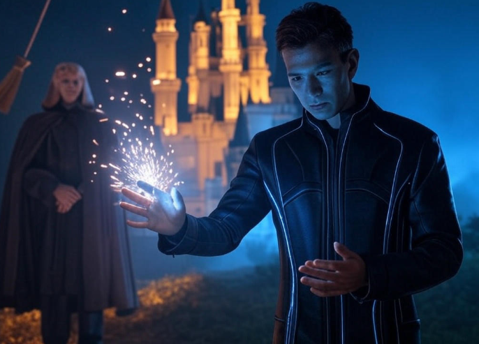 Mage casting spell castle backdrop