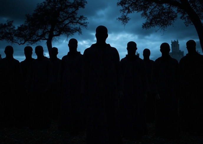 Silhouetted figures dark castle night