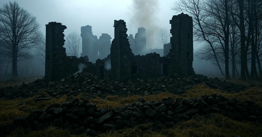 Ruined castle foggy forest smoke