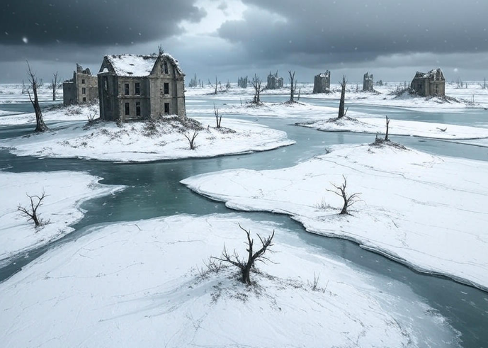 Abandoned houses frozen landscape