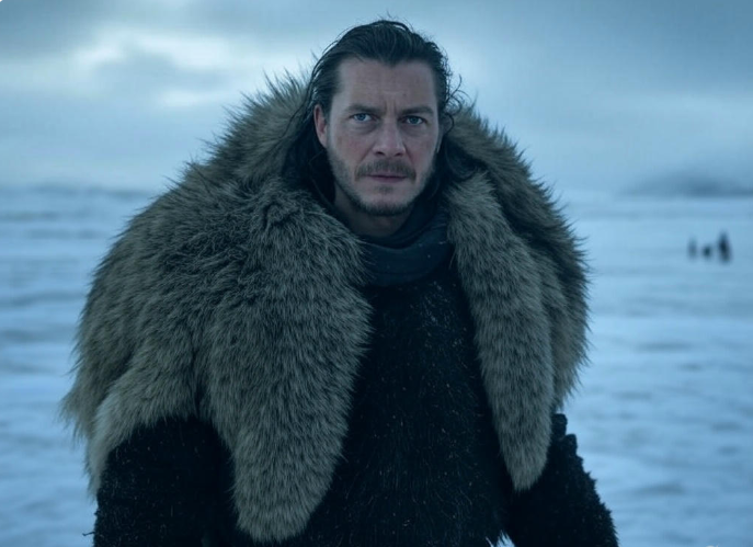 Man in fur cloak snow