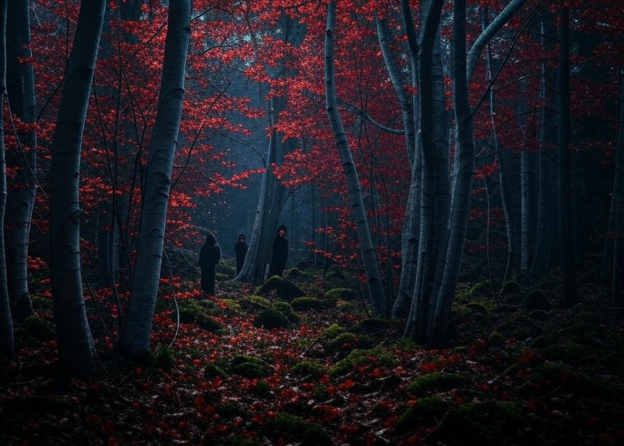 Eerie forest cloaked figures