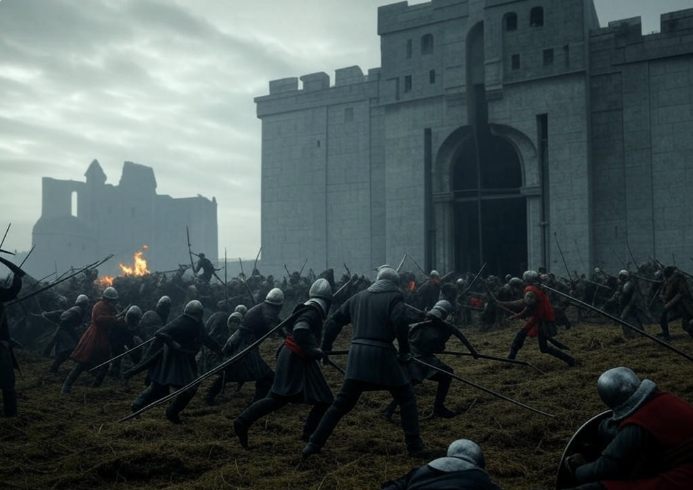 Knights battling near castle
