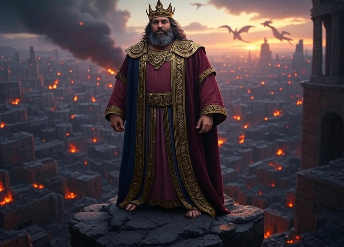 King overlooks burning city
