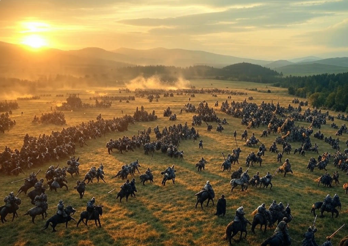 Battle cavalry at sunset