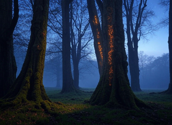Glowing runes on trees