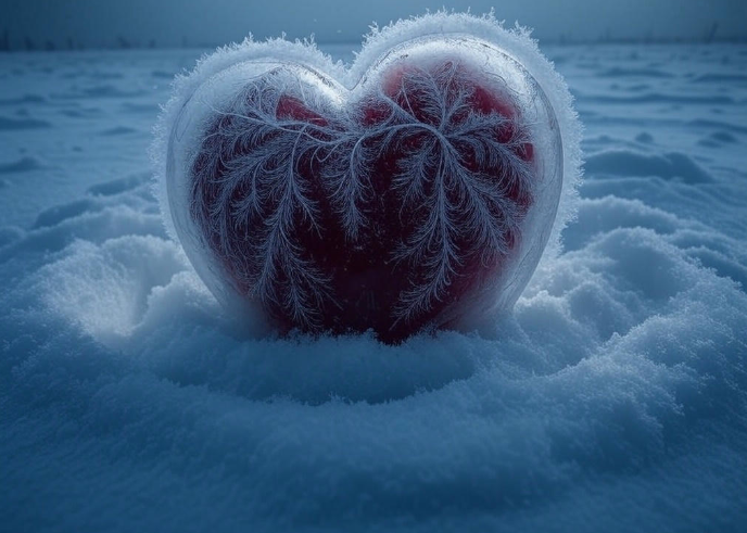 Frosty heart snowy ground