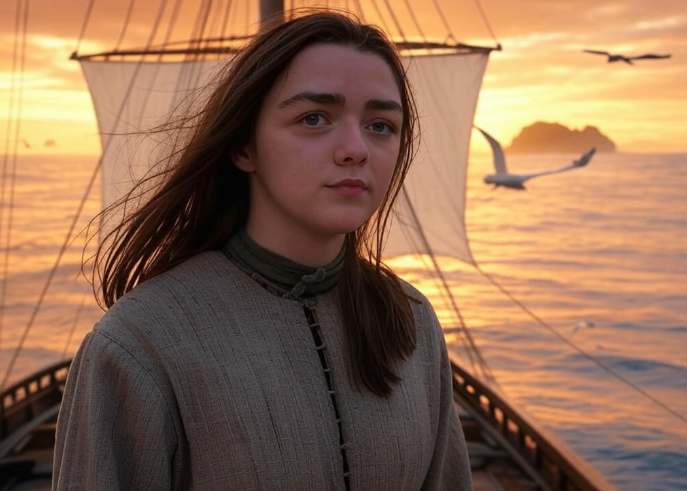 Woman on ship sunset