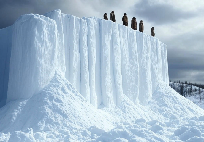 People atop icy cliff
