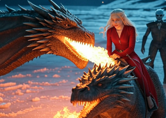 Woman riding dragons fire