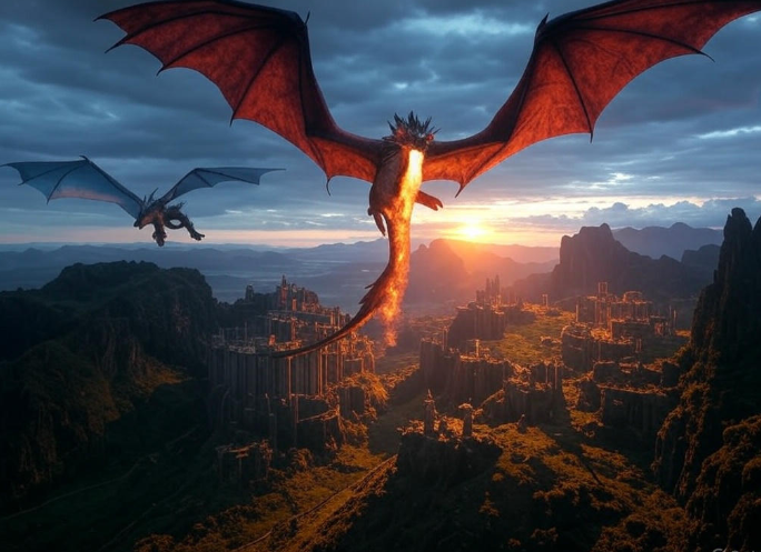 Dragons over ancient castle