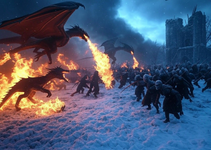 Dragons burn soldiers in snow