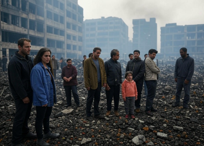 Group standing amidst ruins