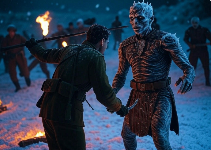 Soldier fighting icy warrior snow