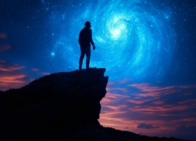 Silhouette against cosmic sky