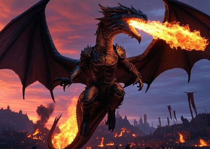Dragon breathing fire city