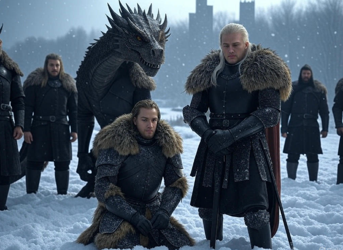 Knights with dragon snow kneeling