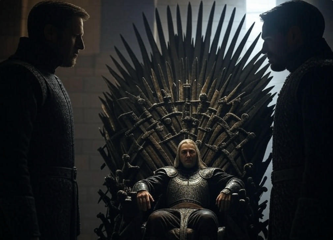 King on throne two advisors