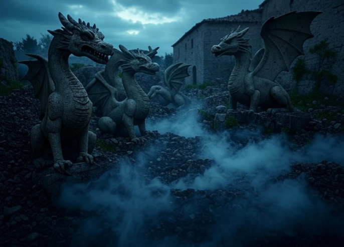 Stone dragons misty ruins