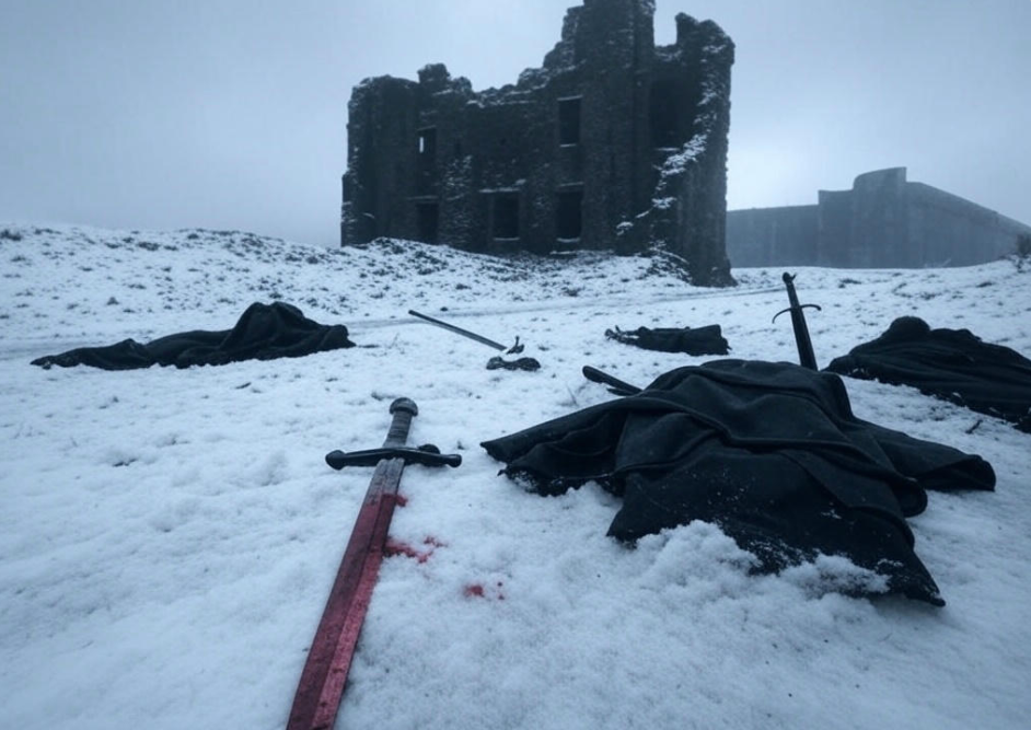 Snowy battlefield bloody swords