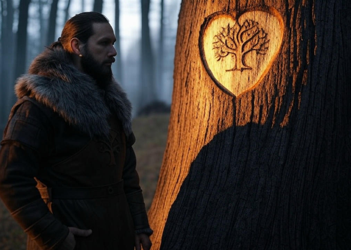 Man standing by tree carving