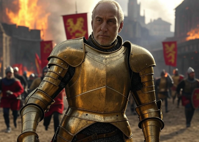 Knight in armor battle flames