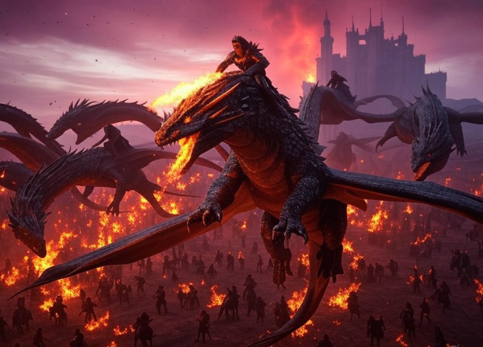 Dragons breathing fire attacking castle
