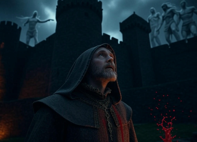 Cloaked man castle ghosts