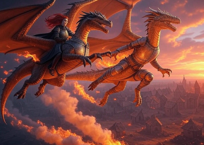 Warriors riding dragons soaring