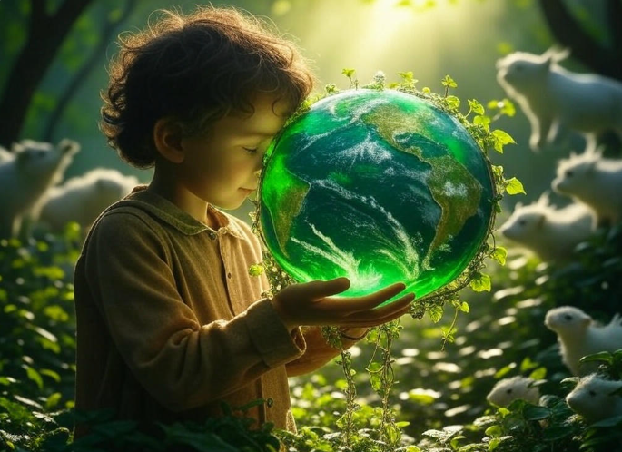 Child holding glowing Earth