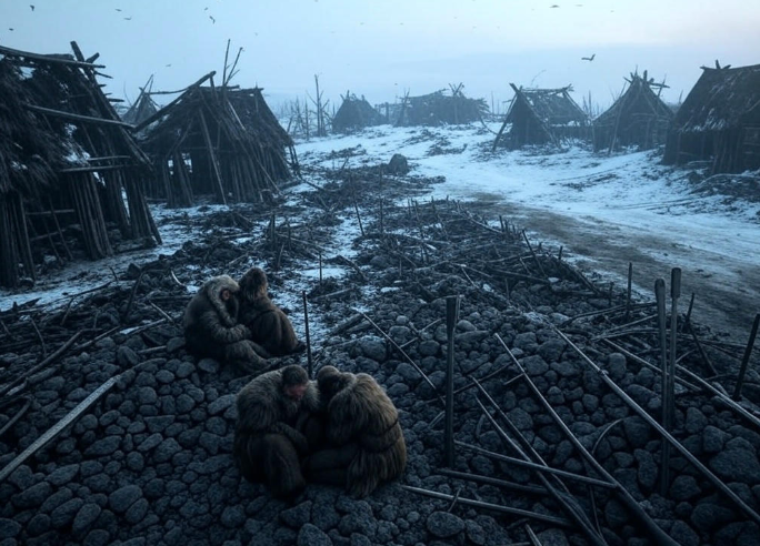 People huddling snowy ruined village fog