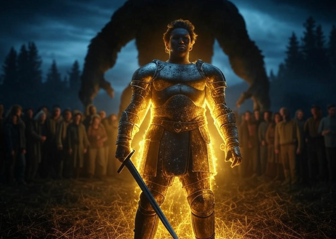 Knight facing giant crowd