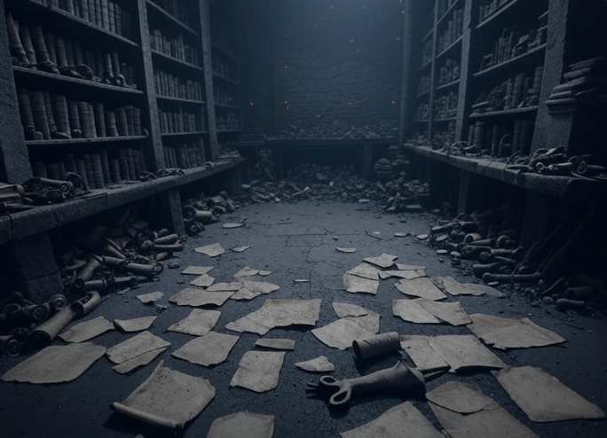 Dark cluttered ancient library