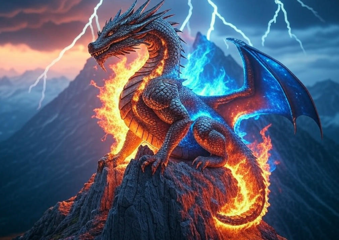 Dragon on mountain fiery lightning