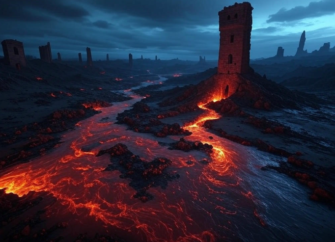 Tower amidst lava flow