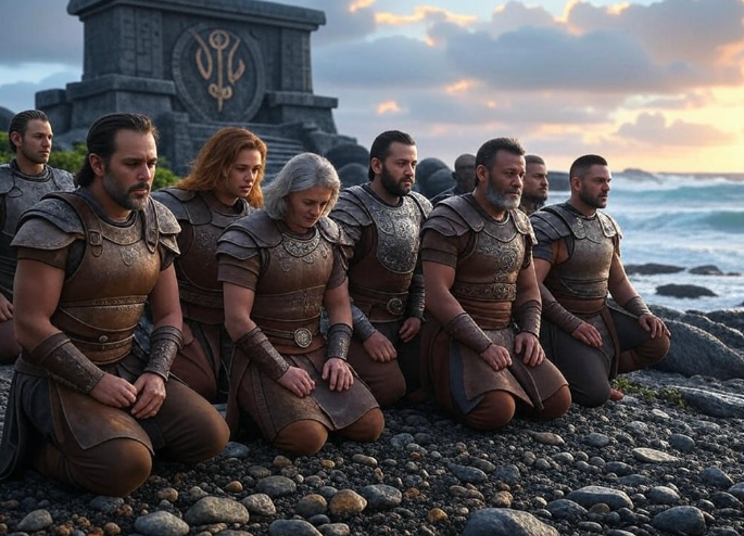 Warriors kneel by ocean