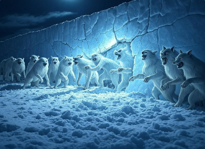 Pack of wolves icy wall night