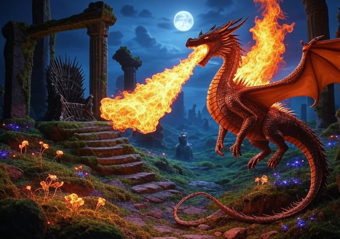 Dragon breathing fire near throne