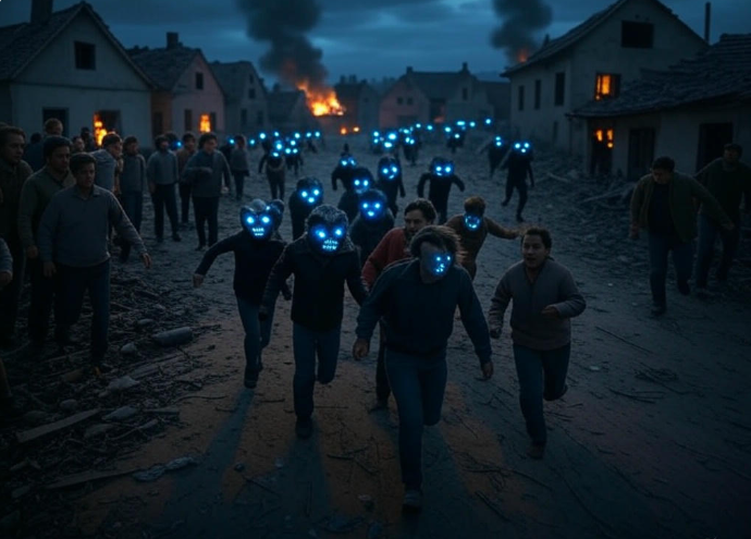 People with glowing blue masks running in war-torn village at night