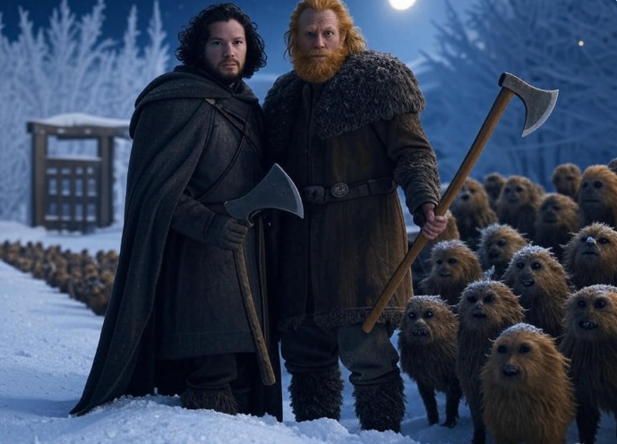 Warriors with axes in snow