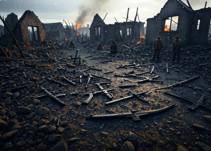 Ruined village with weapons