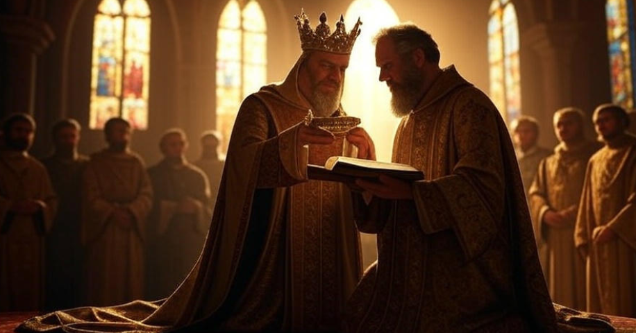 King and monk praying