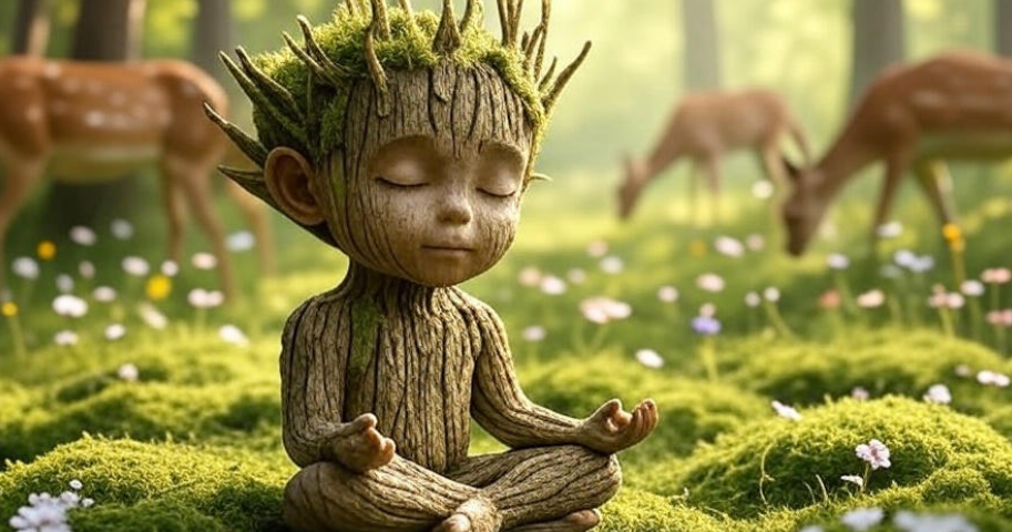Meditating wooden figure nature