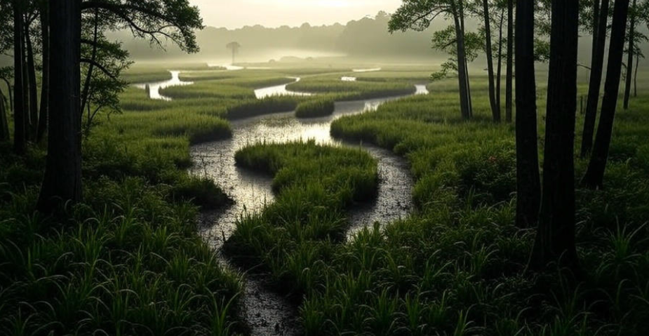Misty marsh winding streams