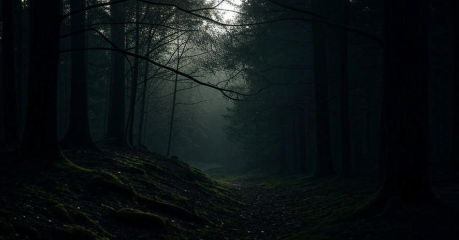 Dark forest misty path