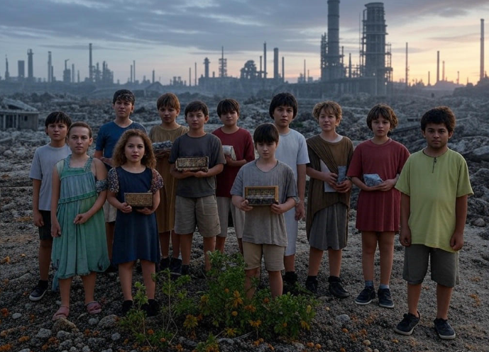 Children in dystopian landscape